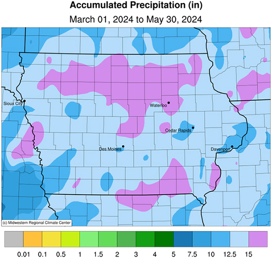 Map of accumulated precipitation in Iowa March to May 2024.