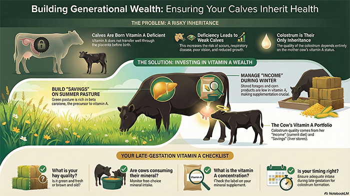 Building Generational Wealth: Ensuring Your Calves Inherit Health. The metaphor of financial wealth is used to explain how cows can pass on good health, specifically Vitamin A, to their calves.”