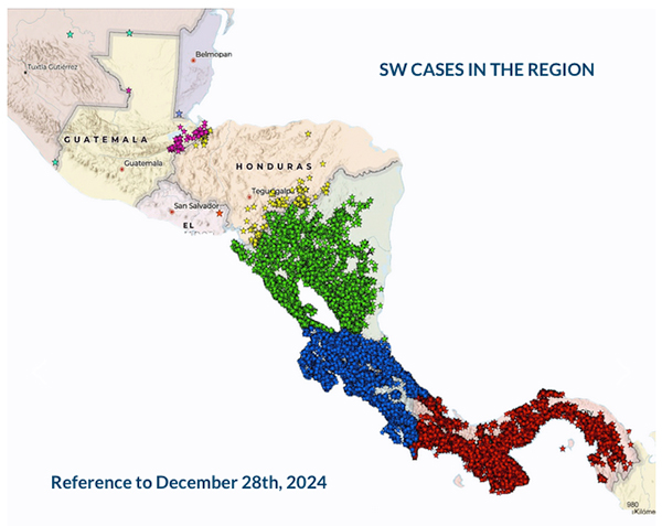 Map depicting spread of screwworm in Central America.