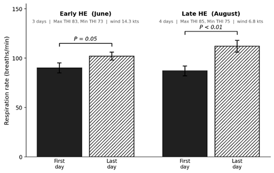Respiration rates of cattle during two heat events with different weather conditions.