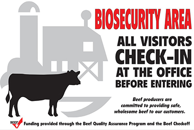 Biosecurity area sign telling all visitors to check in before entering.