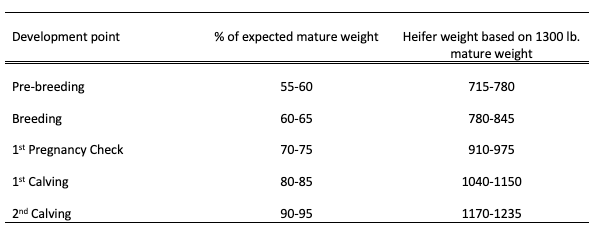 weights at different development points